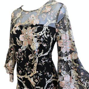 LM Collection Floral Embroidered Mesh Overlay Dress Bell Sleeves Zip Scalloped 8